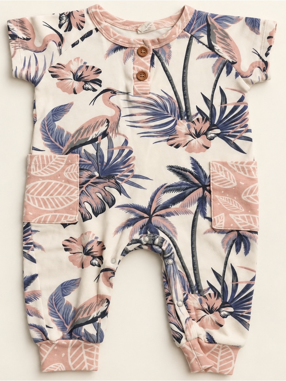 Toddler Tropical Pocket Romper in Blush Pink and Dusty Blue